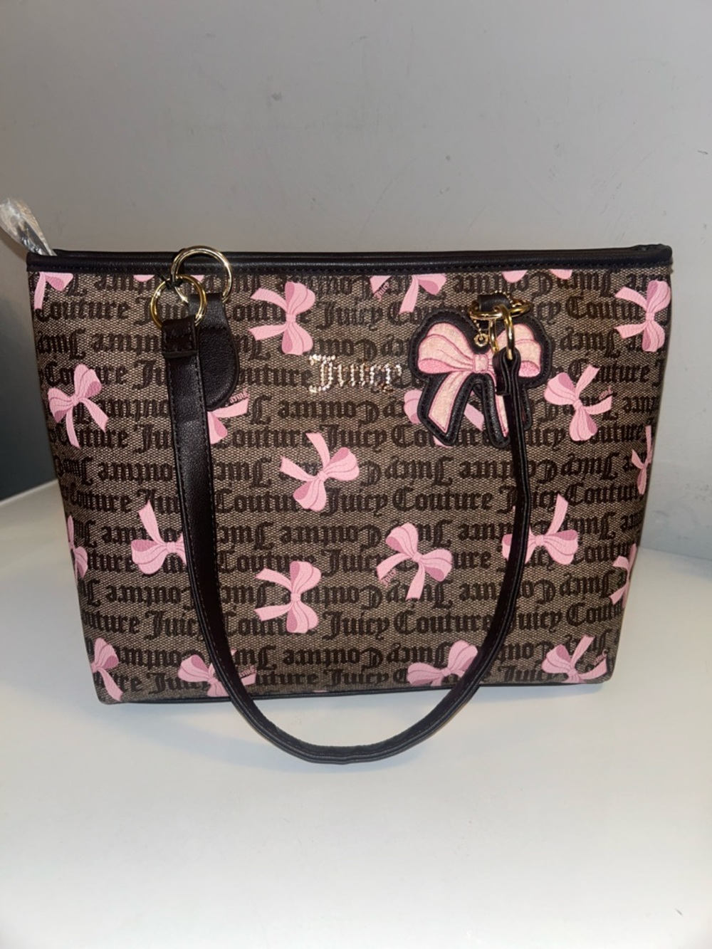 Juicy Couture Brown Logo Tote with Pink Bow Accents